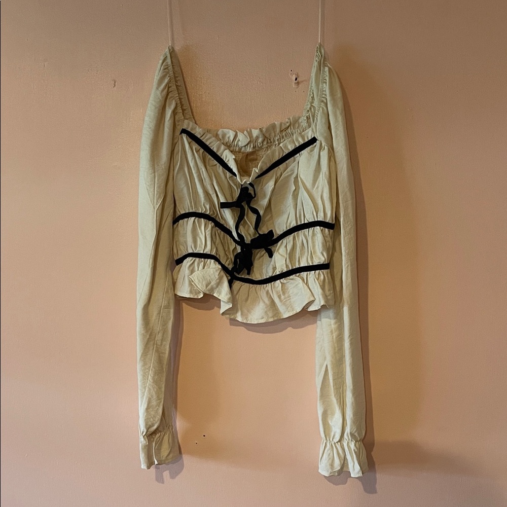Cream Long Sleeve Cropped Blouse with Black Velvet Accents